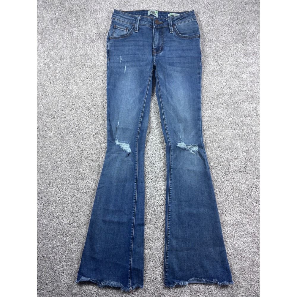 Simple Society Womens Blue Denim Distressed Knee Flare Jeans Size 00/23